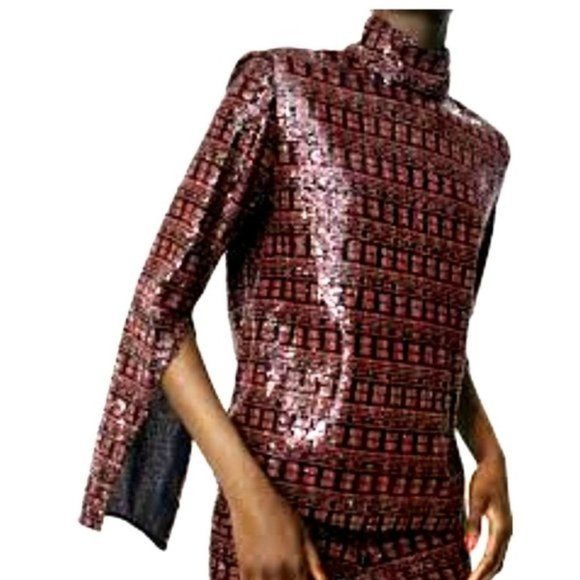 Zara Top M Sequin High Collar Mock Neck Long Sleeve Slit Cuff Party - Picture 3 of 15